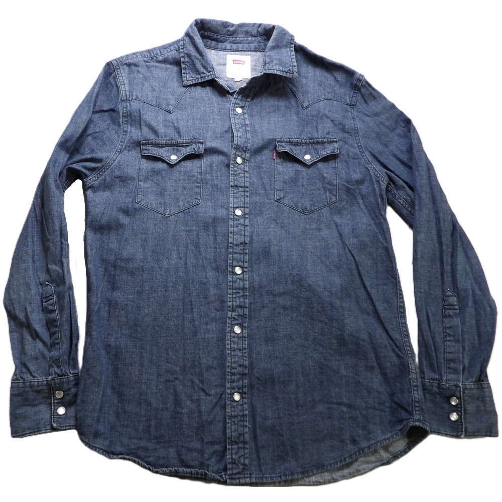 Levi's Western Pearl Snap Shirt Men M Blue Chambray Denim Cotton Long Sleeve EUC